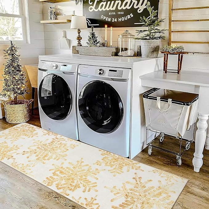 Lahome Snowflake Christmas Runner Rug, 2x6 Non Slip Christmas Rug Runners for Hallways Non Skid Washable Runner Rug Holiday Decor Carpet Runner for Kitchen Bedroom Laundry(2x6ft,Gold)
