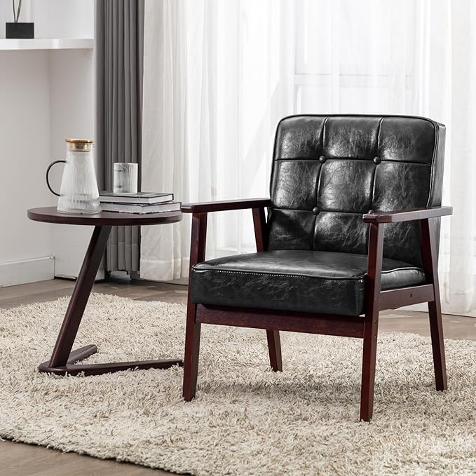 Okeysen Mid Century Modern Accent Chair, Retro Wood and Leather Armchairs Side Chair, Lounge Reading Comfy Arm Chair for Living Room, Bedroom, Office (Black)
