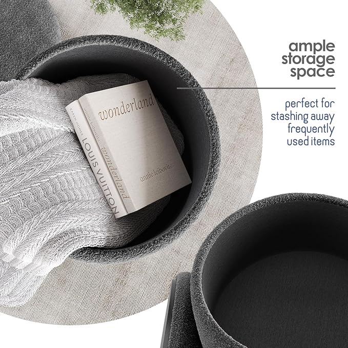 STORAGEBUD Round Ottoman with Storage, Boucle Storage Foot Stool, Makeup Vanity Stool, Small Ottoman Foot Rest, Modern Ottomans for Living Room and Bedroom, Grey