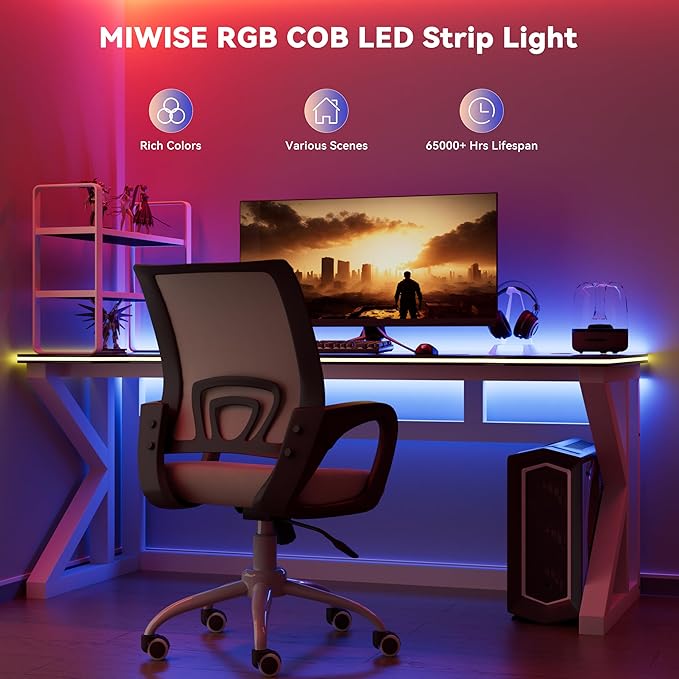 MIWISE RGB COB LED Strip Light 20ft/6.1m,Color Changing Dimmable Strip Light DC24V,Multicolor Flexible Tape Light 10mm Width,for TV,Bedroom,Party DIY Decoration(Power Supply&Controller NOT Included)