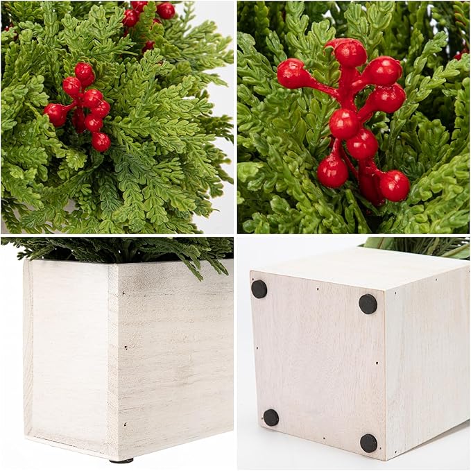 DILATATA Christmas Centerpieces 8 Inch Artificial Christmas Plant in Square Wooden Pot Tabletop Pine Plants with Red Berries Cedar Leaves for Winter Holiday Party Fireplace Mantel Xmas Decor