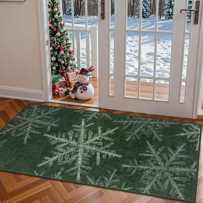 Lahome Snowflake Christmas Area Rug, 2x4 Washable Christmas Kitchen Rugs for Entryway Soft Doormat Indoor, Small Green Rug Non-Slip Holiday Decor Entryway Rugs for Bathroom Bedroom(2x4ft,Green)