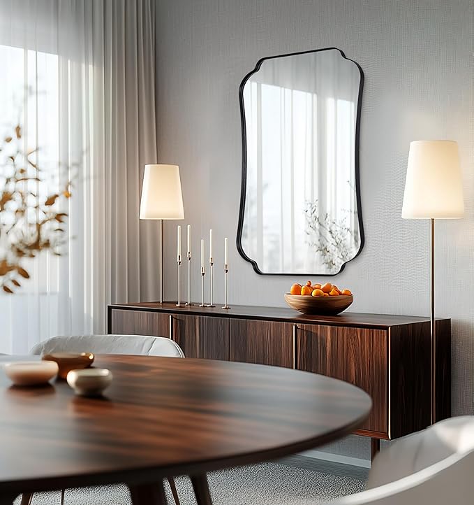 ANDY STAR 30x40 Inch Black Bathroom Mirror, Scalloped Wave-Edge Wall Mirror for Bathroom Vanity, Decorative Modern Vintage Metal Frame Mirror for Living Room, Entryway, Bedroom