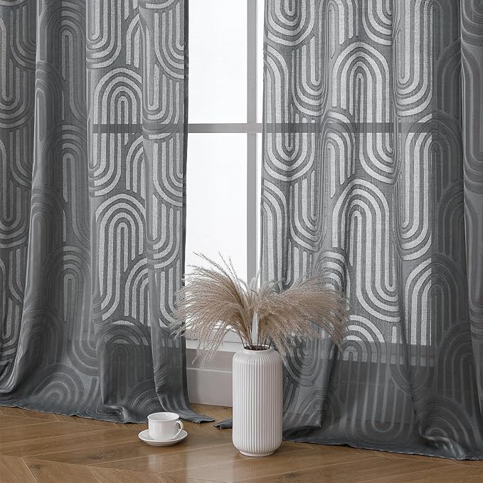 Simplebrand Charcoal Grey Sheer Curtains 96 Inches Long 2 Panels for Living Room, Jacquard Clip Textured Geometric Mid Century Sheer Curtains, Light Filtering Elegant Long Curtains Sheer, 42" Wx96 L
