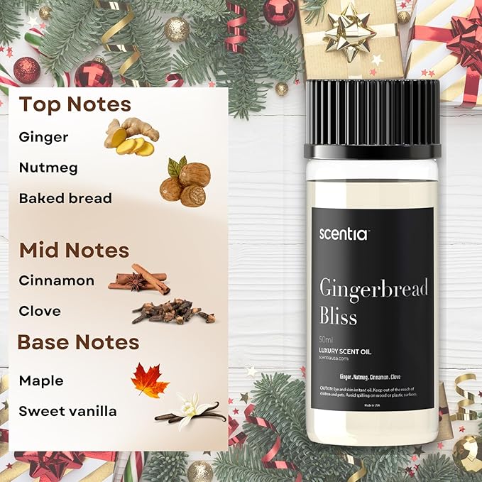 Scentia Gingerbread Bliss Fragrance Oil – 120ml Christmas Diffuser Oil | Cozy Holiday Blend with Nutmeg, Cinnamon & Vanilla | Aromatherapy for Home, Candles, Soaps & Holiday Décor | Made in USA