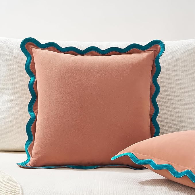 MONDAY MOOSE Decorative Throw Pillow Covers Cushion Cases, Set of 2 Soft Velvet Scalloped Wavy Edge Designs, Mix and Match for Home Decor, Pillow Inserts Not Included (Teal/Pink, 18x18 inch)