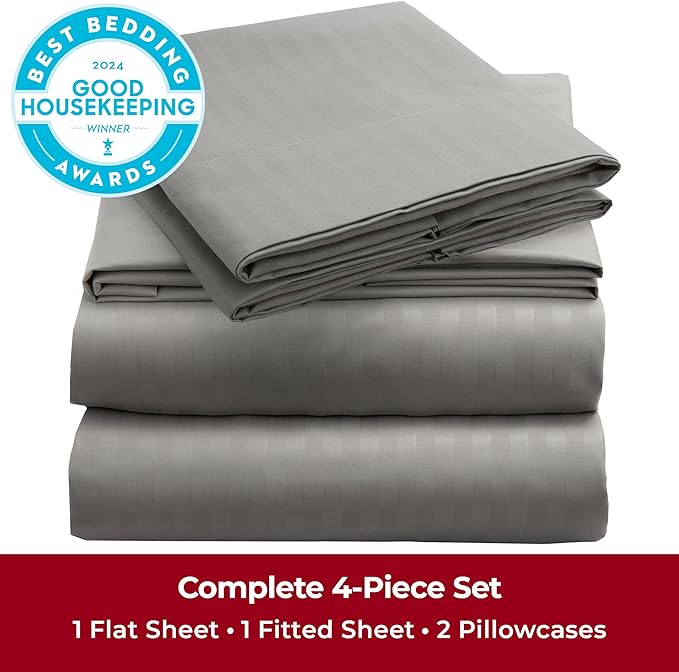 Mellanni King Sheets Set - 4 PC Iconic Collection Bedding - Hotel Luxury, Extra Soft, Cooling Bed Sheets - Wrinkle, Fade, Stain Resistant (King, Striped Gray/Silver)