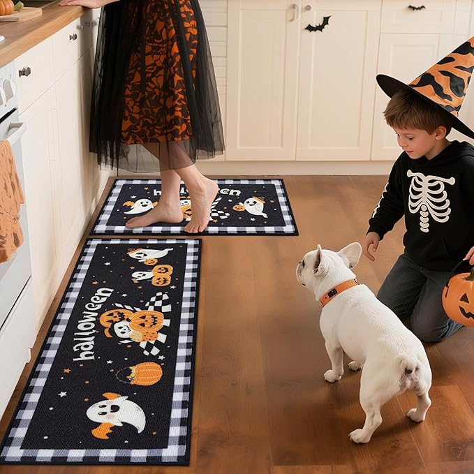 JSEI Halloween Holiday Kitchen Mats for Floor, Non-Slip Ghost and Pumpkins Decorative Kitchen Rugs Set of 2, Home Decor Low-Profile Kitchen Runner Rug Washable, 17"x30"+17"x48", Ghost and Pumpkins