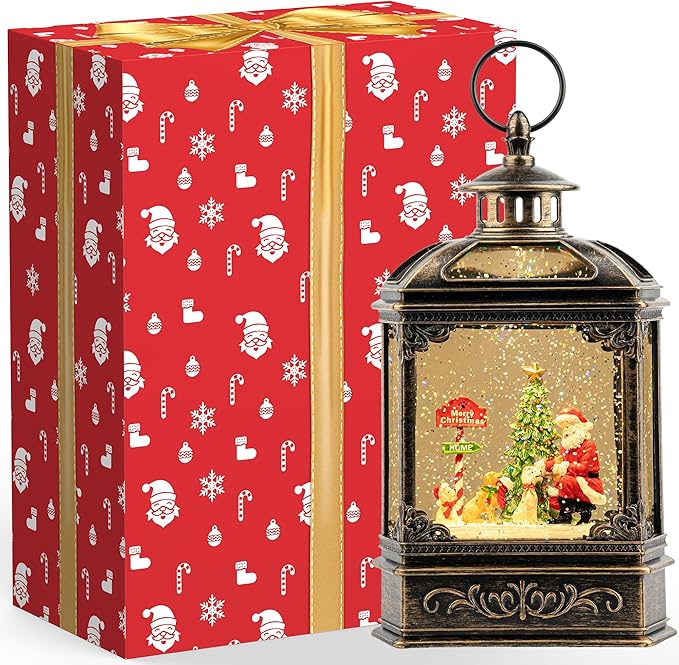 Snow Globe Lighted Christmas Decorations, Santa Claus & Pups Musical Water Lantern with Swirling Glitter, Christmas Holiday Party Gifts and Decorations