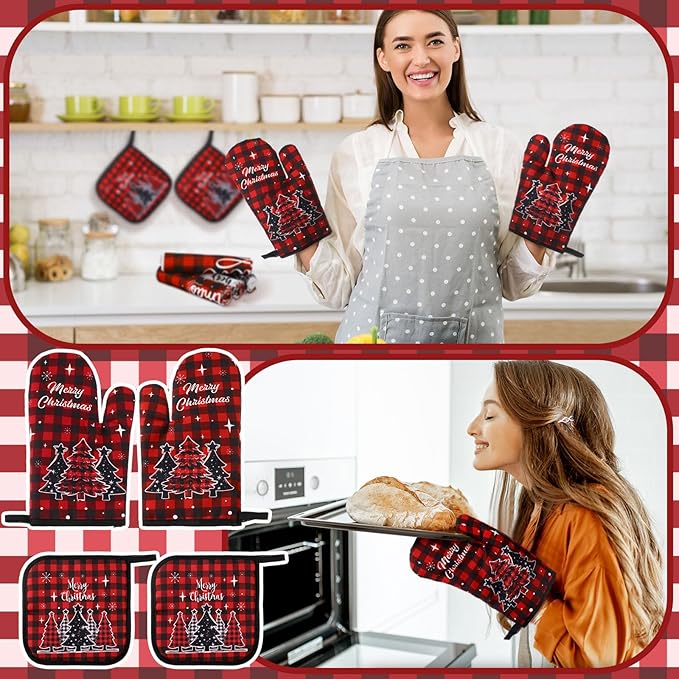 10 Pcs Christmas Kitchen Decor Set Kitchen Towels and Rugs Oven Mitts Pot Holders Absorbent Towels for Baking Cooking BBQ Gifts Home Decor(Red,Christmas Tree)