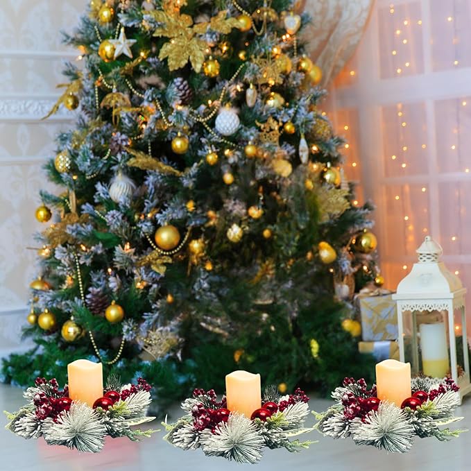 Christmas Candle Rings Wreaths(2 Pcs) Snow Flocked Candle Rings Pine Branches, Red Berries, Pinecones Pillars Candle Rings Christmas Table Centerpiece for Front Door Window Wall Decor