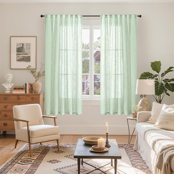YoungsTex Sage Green Linen Curtains 63 Inch Length for Living Room Window, Rustic Semi Sheer Drapes Textured Light Filtering with Rod Pocket Back Tab for Bedroom, 2 Panels, 42 X 63 Inch