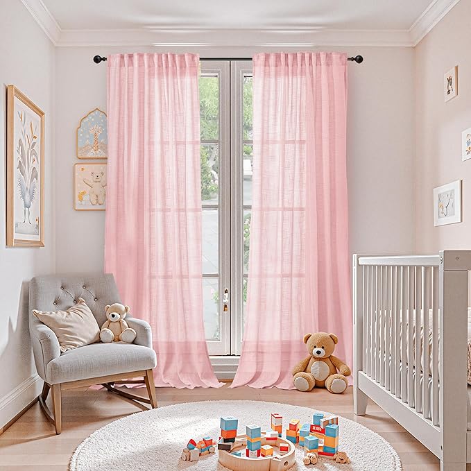 YoungsTex Light Pink Linen Semi Sheer Curtains 84 Inch Length for Living Room, Light Filtering Window Treatments Textured with Rod Pocket Back Tab for Girl Kids Bedroom, 2 Panels, 52 X 84 Inch
