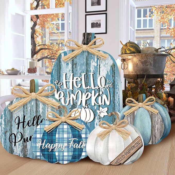 5 Pcs Fall Blue Pumpkin Decor for Home Thanksgiving Wooden Table Centerpiece Decorations Fall Wooden Pumpkin Signs for Autumn Farmhouse Home Living Room Kitchen Mantle Tabletop Supplies