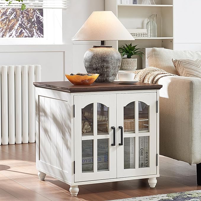 Farmhouse End Table with Charging Station,24" Large Sofa Side Table with Glass Barn Door,Rustic Wood Night Stand with Adjustable Storage Shelf,Square Bedside Table for Living Room,Bedroom Office