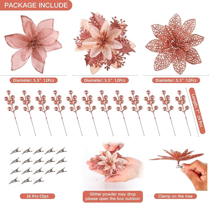 Floweroyal 60pcs Poinsettia Artificial Christmas Flowers Decorations with Clips and Berry Stems Glitter Ornaments for Christmas Tree Wreath Fireplace Stairs Decor (Rose Gold-3 Styles)