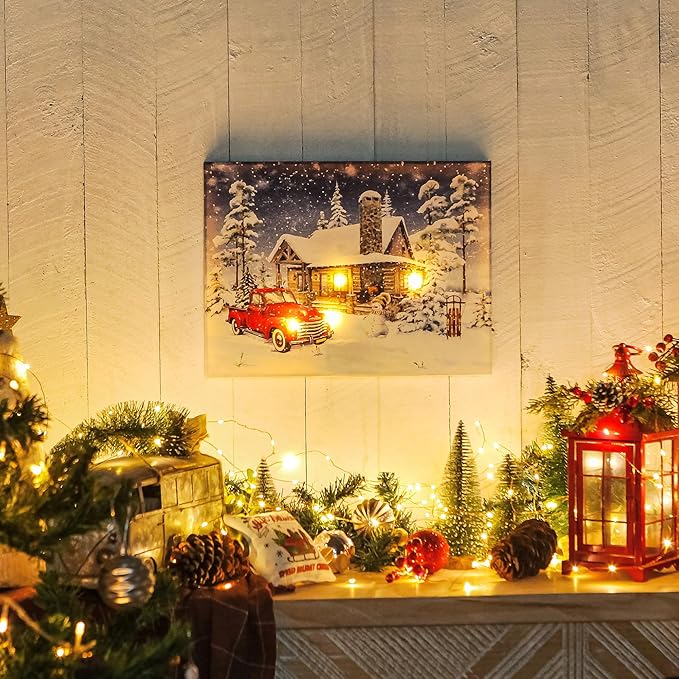 NIKKY HOME 16" x 12" Christmas LED Lighted Canvas Wall Art Prints Light Up Red Truck House and Snowman Picture Winter Snow Scene for Holiday Decor