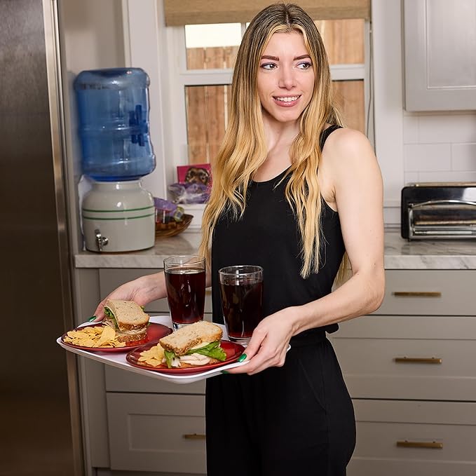 Large Serving Tray Set of 2 – 19 x 12 Inch White Rectangular Melamine Trays with Handles – Durable Plastic Food Serving Tray for Snacks, Meals, Parties, Outdoor & Indoor Use