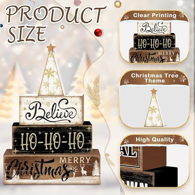 Britimes 4 Pcs Christmas Tiered Tray Decorations Set Believe HO-HO-HO Merry Christmas Reindeer Stack Block Signs Neutral Rustic Holiday Decor (Neutral HO-HO)