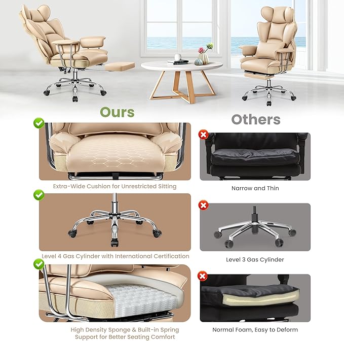 Office Desk Chair 400 LBS, Big and Tall Office Chairs with Footrest, Leather Computer Gaming Chairs with Adjustable Height, Executive Office Chairs with Lumbar Support, Beige
