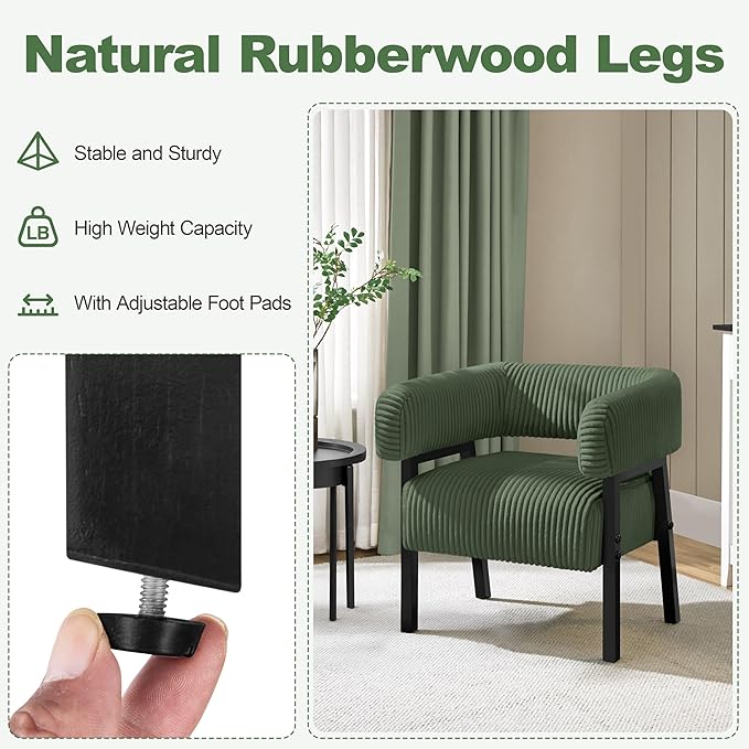 Yaheetech Corduroy Barrel Accent Chair, Modern Upholstered Armchair with Solid Wood Legs, Cozy Leisure Chair with Pocket Coiled Seat for Living Room, Bedroom, Reading Nook Dark Green