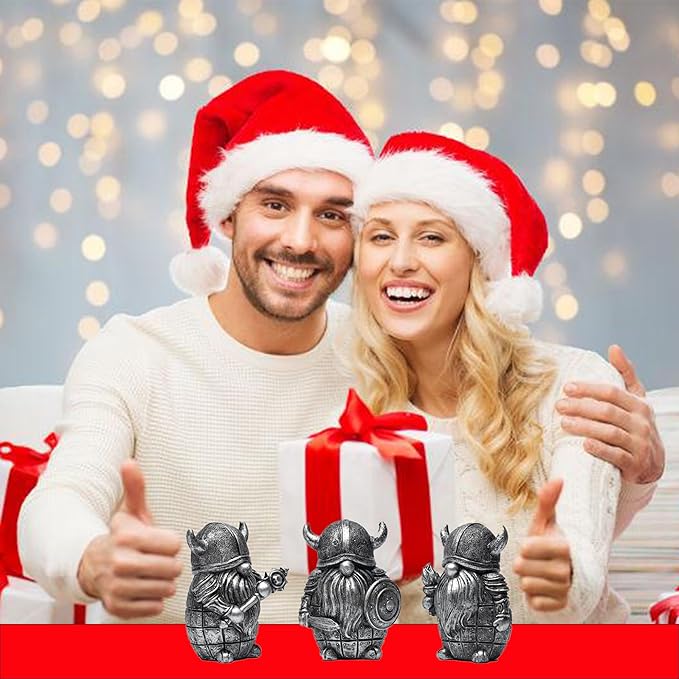3PCS Viking Warrior Gnome Figurines Set-Viking Decor Home Ornament Mini Gnomes for Table,Shelves,Cabinet (Silver)
