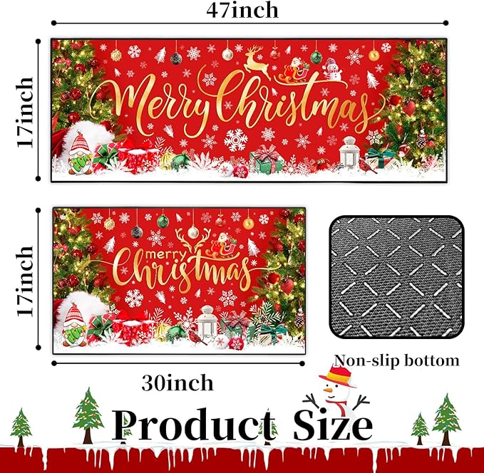 ACZHHZC Merry Christmas Kitchen Rugs and Mats Set of 2, Winter Snowflake Xmas Tree Holiday Home Kitchen Decor Floor Mats, Washable Non-Slip Sink Carpet (Christma 2, 17"x47"+17"x30")