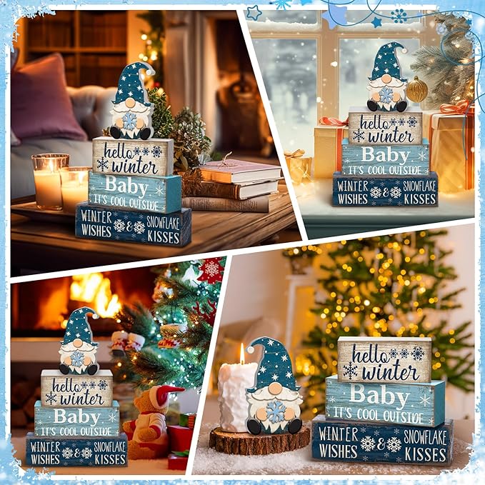 4 Pcs Wooden Winter Table Decorations Christmas Tiered Tray Decor Winter Gnome Decor Christmas Centerpiece for Tables Wooden Decorative Gnome Signs Gifts for Kitchen Office Home