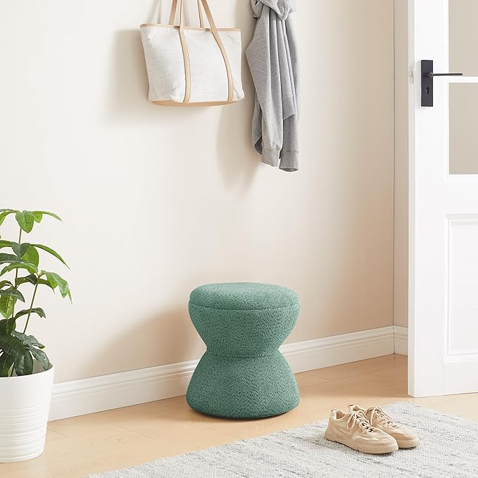 Multi-Functional Boucle Ottoman, Vanity Stool Chair, Sturdy Wooden Footstool, Suitable for Living Room, Bedroom, and Entryway, Without Installation, Green