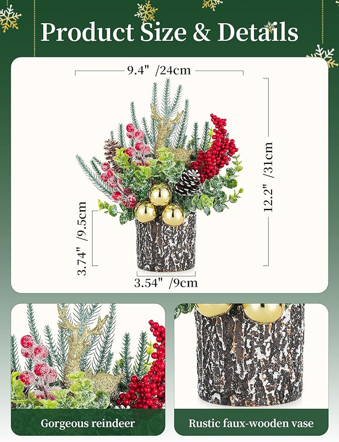 BLOSMON Christmas Centerpieces for Tables with Lights: Lighted Small Christmas Tree Fireplace Tabletop Decorations - Mini Xmas Tree for Indoor Home Office Dining Room
