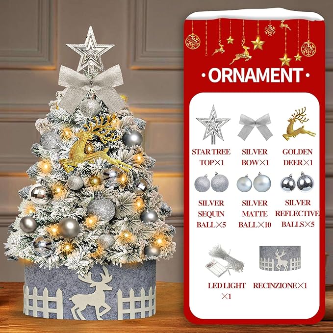 Mini Flocked Christmas Tree with Lights, 2ft Small Tabletop Tree with 24pcs DIY Decorations, LED Lights for Indoor Holiday Decor
