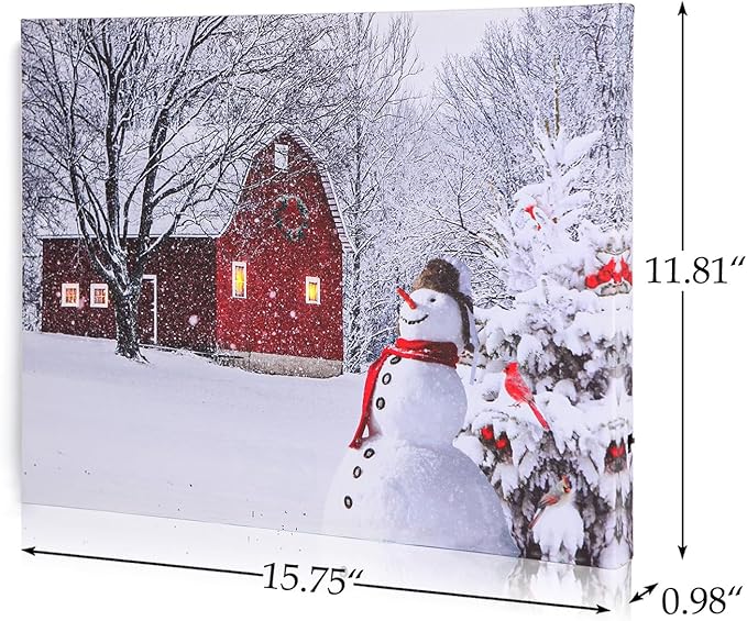 NIKKY HOME 16" x 12" Christmas LED Lighted Canvas Wall Art Prints Light Up Red Barn House Snowman and Christmas Tree Picture Winter Snow Scene for Holiday Decor