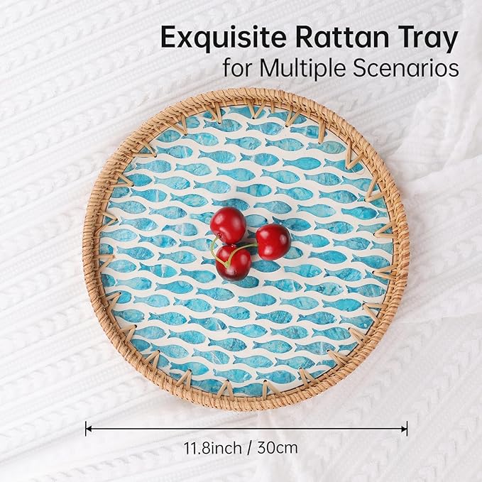 Round Rattan Tray with Mother of Pearl Inlay, Rattan Serving Tray for Coffee, Bread, Fruits, Decorative Wicker Tray for Table Decor, Home Decor, Kitchen Island Decor (Turquoise Fish, 11.8")