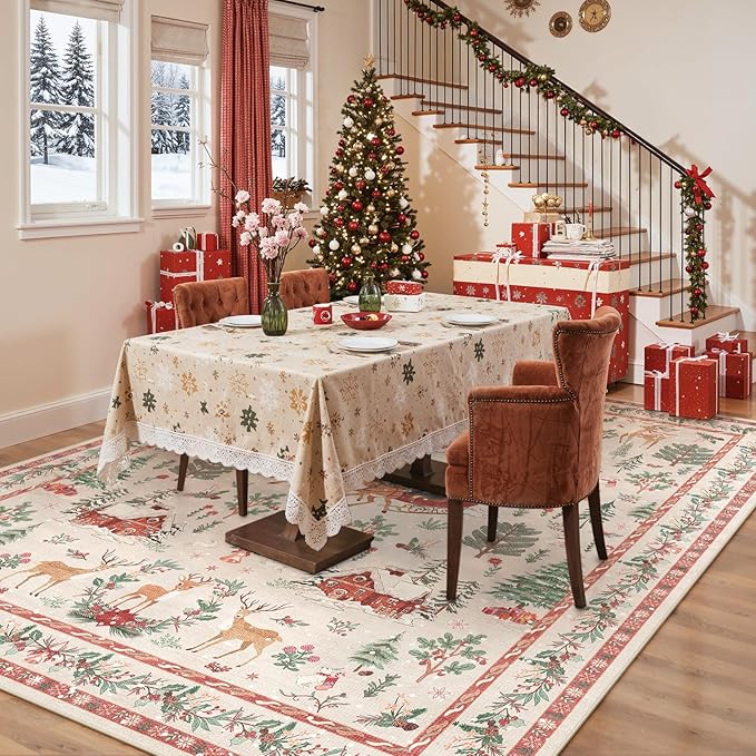 Lahome Christmas 8x10 Living Room Area Rug, Soft Christmas Tree Large Washable Rug for Bedroom, Non Slip Low Pile Indoor Floor Carpet for Home Office Xmas Holiday Decor, Beige