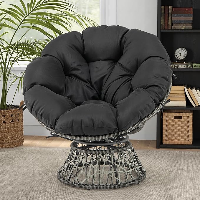 RELAX4LIFE Swivel Wicker Papasan Chair - 360° Rotatable Comfy Circle Chairs with Cushion and Frame for Indoor & Outdoor, Oversized Lazy Lounge Reading Chair for Bedroom, Living Room, Balcony, Patio