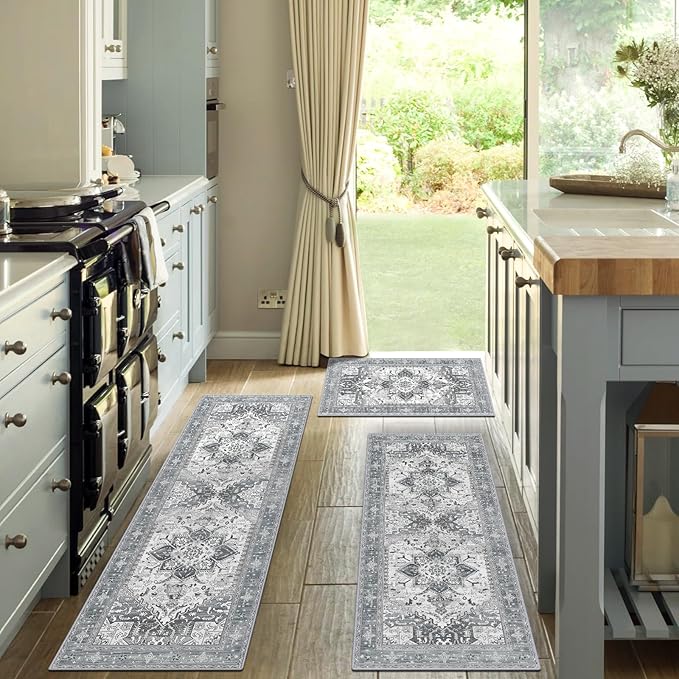 Yamaziot Boho Washable Kitchen Rugs Sets of 3, Non Slip Kitchen Mats for Floor with Rubber Backing, Waterproof & Stain Resistant Thick Carpet Runner Throw Rugs for Kitchen, Laundry Room, Hallway, Grey
