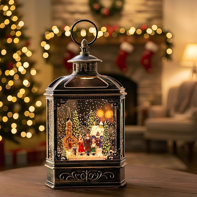 Musical Snow Globe Lantern Lighted Church Carolers Christmas Village Snow Water Lantern Swirling Glittering Home Decoration and Gift, Battery Operated or USB Powered