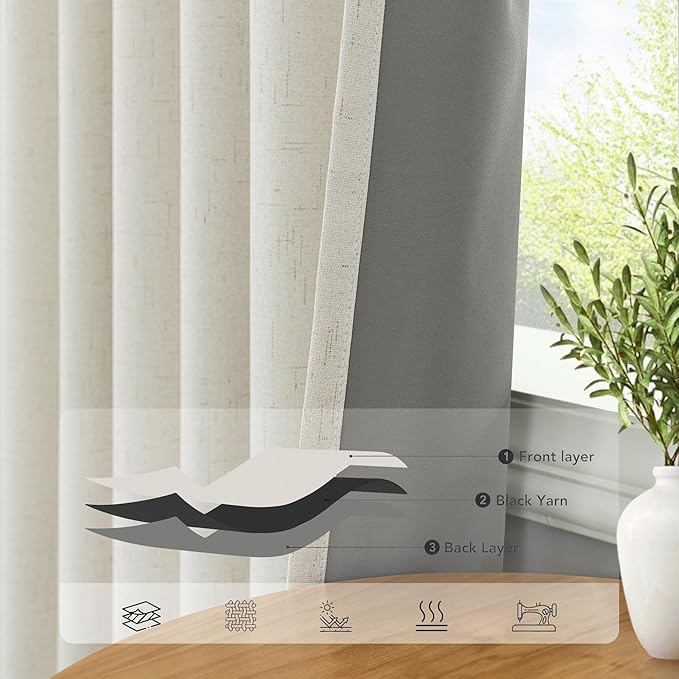 100% Blackout Thermal Curtains 98 Length 2 Panels Set for Bedroom Closet Room Divider Faux Linen Windows Rod Pocket Pleated Drapes Modern Farmhouse Living Room Darkening Curtains 98 Inches Long Cream