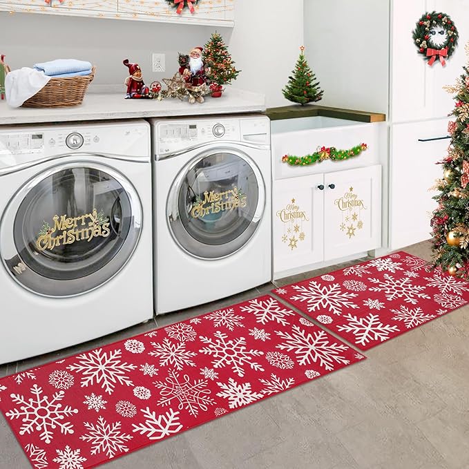 CAROMIO Christmas Kitchen Rugs and Mats Non-Slip Skid Washable Runner Rug Set of 2 PCS Xmas Holiday Decor Runner Rug in Front of Sink Super Absorbent Kitchen Mat, 17"x29"+17"x47"