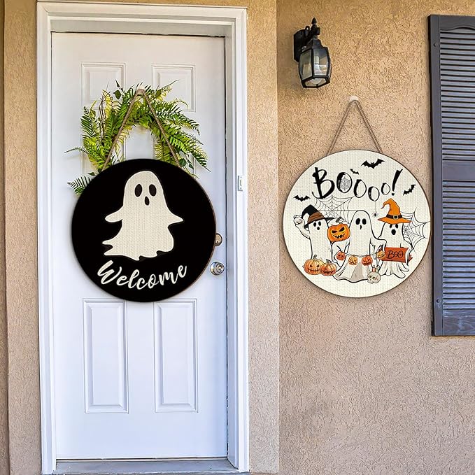 3 Pcs Happy Halloween Door Decorations Halloween Wreath Cute Ghost Pumpkin Front Door Decor Bat Hat Welcome Hanging Sign Wooden Front Hanger for Farmhouse Wall Indoor Home Decor