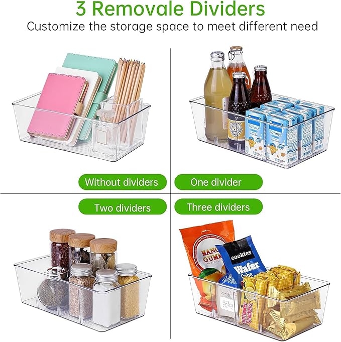 wilfox Pantry Organizer, 7 Pack Clear Bins with Removable Dividers, Pantry Organizers and Storage, Fridge and Cabinet Organizer for Snack, Pouches, Spice Packets