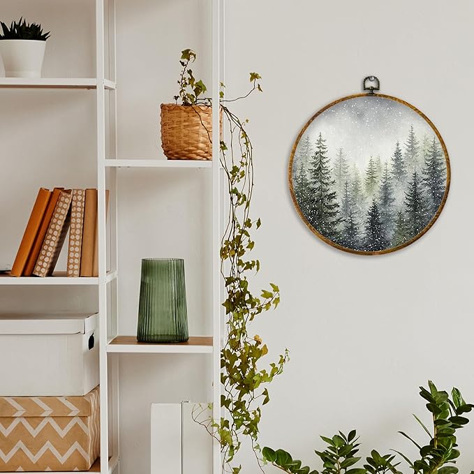 XPH Rustic Christmas Forest Tree Round Wall Art Framed, Farmhouse Winter Pine Tree Landscape Circle Wall Decor, Cozy Winter Hanging Canvas Prints for Home Bedroom Living Room Decoration, 10x10 Inch