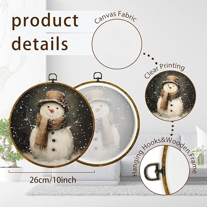 XPH Vintage Moody Christmas Snowman Round Wall Art Framed, Rustic Farmhouse Winter Circle Wall Decor, Cozy Winter Snowman Hanging Canvas Prints for Home Bedroom Living Room Decoration, 10x10 Inch