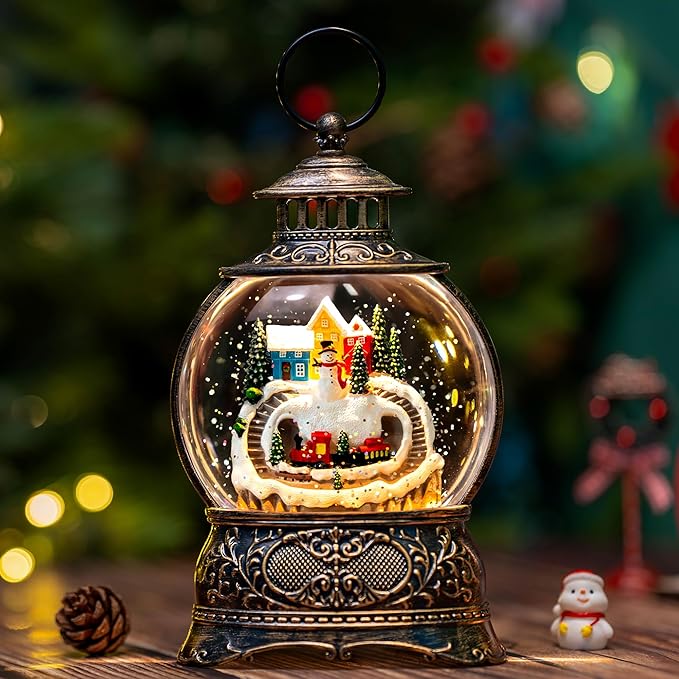 9.8" Christmas Snow Globe Water Lantern with Snowman and Train Scene Battery Operated or USB Powered Musical Lighted Holiday Decoration for Tabletop Display for Family and Friends