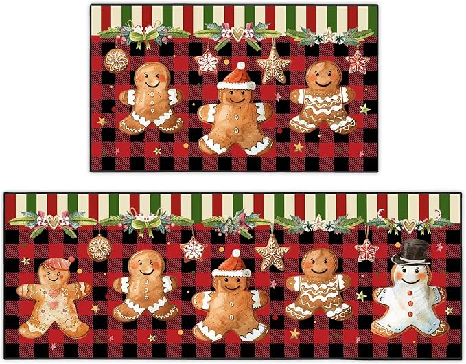 Christmas Kitchen Rugs Non-Slip Holiday Floor Mats 2 Piece Set Gingerbread Man Vintage Decor Soft Absorbent Mats for Front of Sink 17x30 and 17x47 Inches