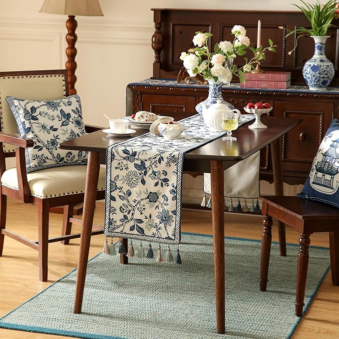 Decorative Linen Table Runner 71 Inches Long,Chinoiserie Blue Floral Cloth Runner for Table Decor Tabletop Table Runners for Kitchen,Dining,Tea Party,Home,Christmas,12"*71"