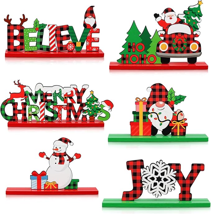 6PCS Wooden Christmas Decorations, Buffalo Plaid Table Decorations, Holiday Centerpiece Signs with Santa, Snowman, Gnome, Believe, Merry Christmas Designs for Festive Tabletop Display