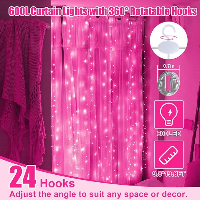 600LED Pink Curtain Lights for Bedroom, 19.6ft x 9.8ft Fairy Curtain String Light with 24 Hooks, 8 Modes Hanging Lights for Wedding, Party, Backdrop, Window, Xmas Decor