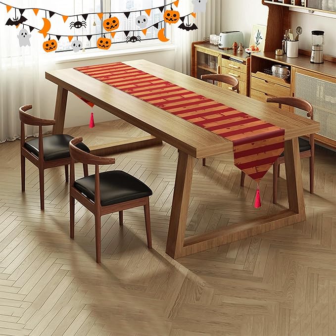 Wehhbtye 2 Pcs Halloween Creepy Table Runner, Bloody Striped Evil Circus Tablerunner with Tassels, Horror Table Decoration for Halloween Themed Party Supplies