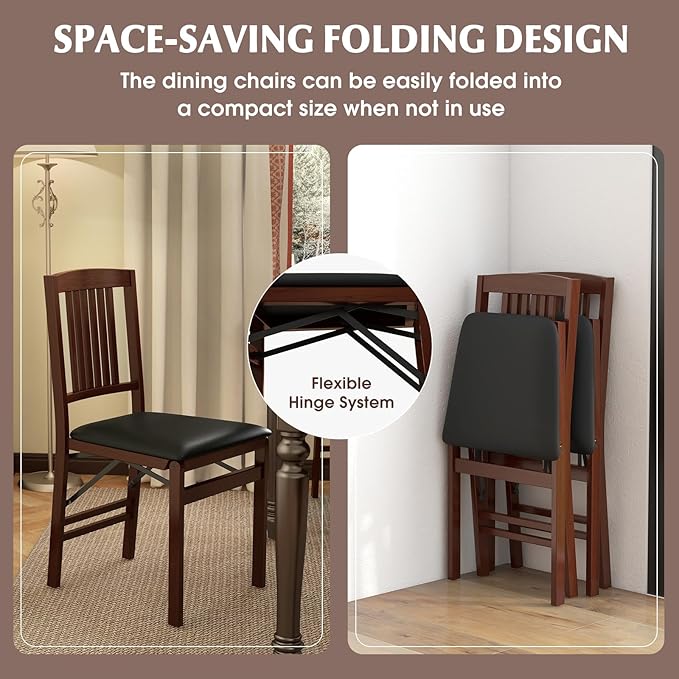 COSTWAY Folding Dining Chairs Set of 2, Wooden Kitchen Side Chairs w/Padded Seat, Solid Wood Frame, 400 LBS Load Bearing, No Assembly Needed, Vintage Foldable Chairs for Dining Room, Living Room